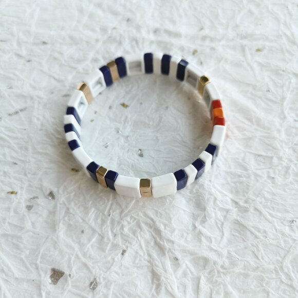 Roxanne Assoulin Project Stripe • Gold Navy White Enameled Stretch Bracelet - Picture 3 of 3